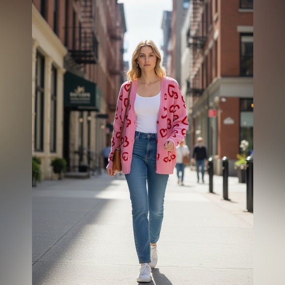 33 Degrees Pink and Red Heart Cardigan women sz Large Valentines cottagecore - Picture 2 of 12